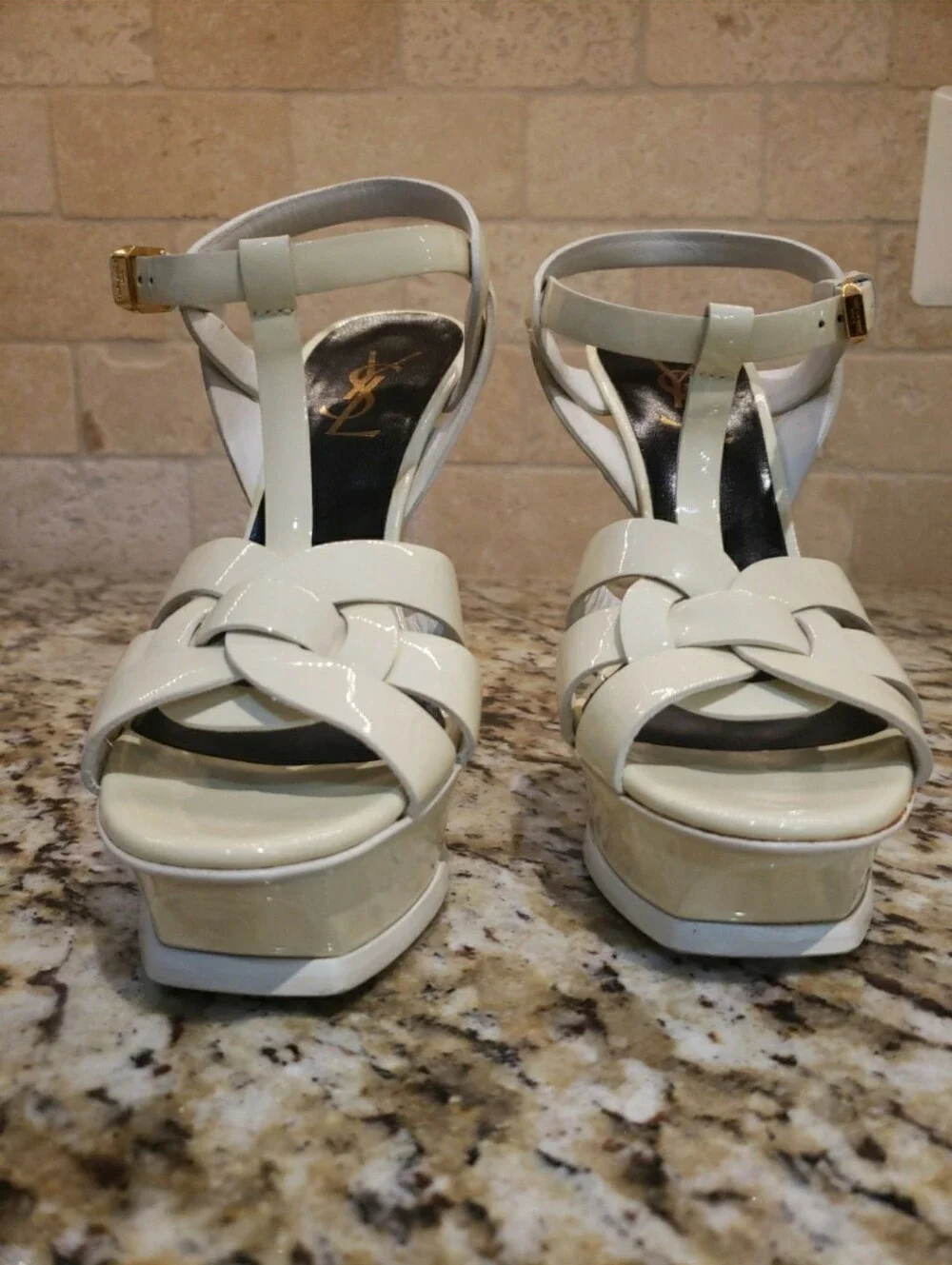 Saint Laurent YSL Tribute Ivory Patent Leather Platform T-Strap Sandals - Picture 3 of 8